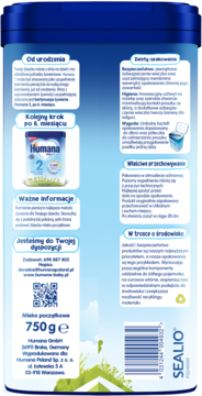 Tył niebiesko-białego opakowania mleka początkowego Humana 2 dla niemowląt 750g, z polskimi informacjami i kodem EAN.