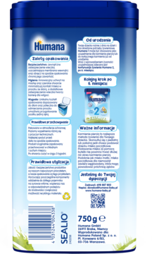 Tył niebieskiej puszki Humana 2 (750g) mleka dla niemowląt z polską etykietą i informacjami.
