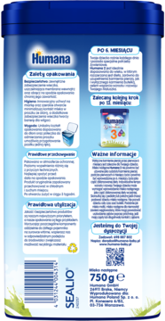 Tył niebiesko-białego opakowania mleka Humana 2 Probalance 750g, z tekstem PO 6. MIESIĄCU i kodem kreskowym.