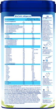 Tył niebiesko-białego opakowania mleka następnego Humana 2, z tabelą wartości odżywczych i instrukcją.