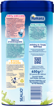Tył niebieskiego opakowania mleka Humana 3 Mali Odkrywcy, z informacjami o użyciu, kodem QR i wagą 650g.