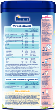 Tył opakowania mleka Humana 4 Mali Odkrywcy z tabelą wartości odżywczych i instrukcją przygotowania.