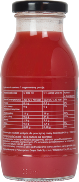 Tył butelki smoothie Healthy & Active, czerwony napój z błonnikiem, widoczna biała etykieta z tabelą wartości odżywczych.