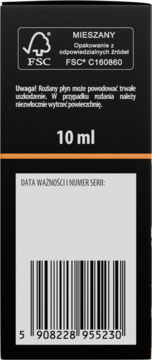 Tył czarnego opakowania olejku cynamonowego 10 ml, z logo FSC, tekstem ostrzegawczym i kodem kreskowym.