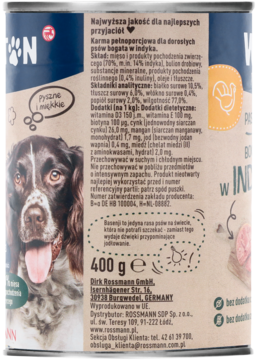 Biało-niebieska puszka karmy Winston Nature z indykiem 400g. Boczny widok z portretem psa i tekstem.