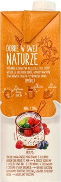 Pomarańczowy karton napoju roślinnego Dobre w Swej Naturze Inka z Chia, przód z ilustracjami zastosowań.