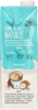 Karton roślinnego napoju kokosowego Dobre W Swojej Naturze. Turkusowy, z palmami i wizualizacją frappe.