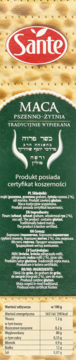Front opakowania Sante Maca pszenno-żytnia, zielona etykieta z czerwonym logo, certyfikat koszerności, tło matzo.