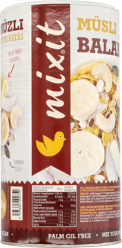 Mixit Müsli Balance, wegańskie musli z bananami i ananasem, biało-bordowe opakowanie, widok przód.