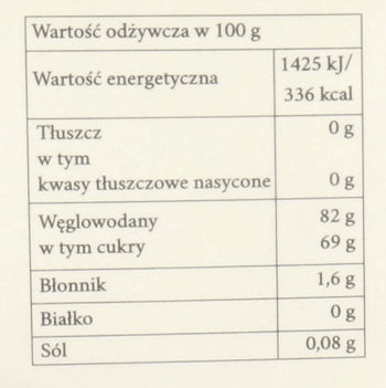 Tabela wartości odżywczych dla produktu miodowo-owocowego: 336 kcal, 82g węglowodanów, 69g cukru na 100g.