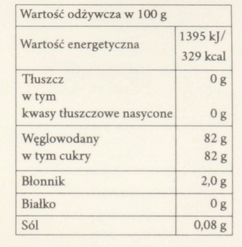 Tabela wartości odżywczych produktu na 100g w języku polskim, z danymi o energii, tłuszczach i cukrach.