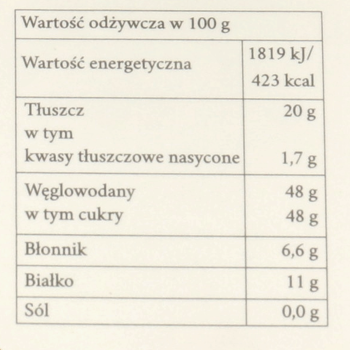 Tabela wartości odżywczych migdałów w miodzie: energia, tłuszcz, węglowodany, białko, sól na 100g.