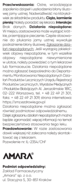 Detale z ulotki farmaceutycznej w języku polskim, z nagłówkami, tekstem i logo AMARA na białym tle.
