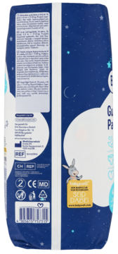 Tylna strona opakowania pieluchomajtek Babydream na dobranoc, niebieskie z nocnym motywem, tekstami i logo osiołka.