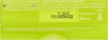 Tył opakowania Dilmah Green Tea Lemon, zielony kartonik z datą ważności 11.2022 i kodem partii.