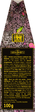 Tył czarnego opakowania herbaty Adalbert's Ceylon Black Tea z płatkami róży, z różowymi wzorami, 100g.