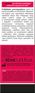 Tył opakowania płynu przeciwgrzybiczego 30ml, z informacjami o profilaktyce stóp i składnikach.