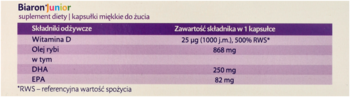 Biaron Junior, suplement diety dla dzieci. Widok na fioletową tabelę z wartościami odżywczymi: witamina D, olej rybi, DHA, EPA.