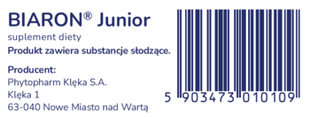 Etykieta suplementu diety BIARON® Junior. Widoczne dane producenta i kod kreskowy 5903473010109.