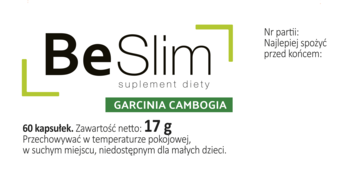 BeSlim Garcinia Cambogia, 60 kapsułek na kontrolę wagi. Białe pudełko z zielonym akcentem, widok z przodu.