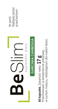 BeSlim Garcinia Cambogia suplement diety, białe opakowanie 60 kapsułek, widok z boku z informacjami.