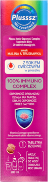 Plusssz Junior, 100% Immuno Complex, malina i truskawka, 20 tabletek musujących, widok z przodu.