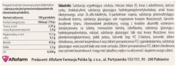 Tył opakowania suplementu diety Acti Vita-Miner D3 z tabelą wartości odżywczych i listą składników. Białe tło, logo Aflofarm.