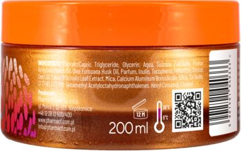 Tył rozświetlającego olejku po opalaniu Venus Golden Sun 200 ml, z listą składników i kodem QR.