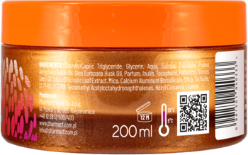 Tył żelowego olejku po opalaniu Venus Golden Sun 200ml, brązowy słoik z pomarańczową zakrętką, z listą składników.