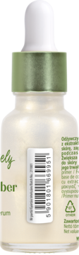 Tył szklanej butelki z pipetą, odżywczy primer do twarzy 2w1 Lovely z ogórkiem, widok na etykietę i kod kreskowy.