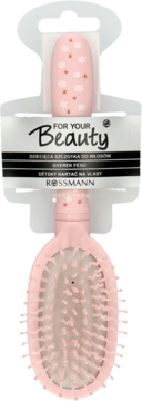 Jasnoróżowa owalna szczotka do włosów dla dzieci For Your Beauty Rossmann, widok frontalny w oryginalnym opakowaniu.