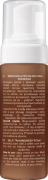 Brązująca pianka do ciała Espresso w brązowej butelce z białym dozownikiem, widok z przodu, etykieta z opisem.