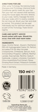 Tył opakowania toniku Trichology Re-balancing Scalp, z listą składników (kofeina, żeń-szeń) i instrukcjami użycia. 150 ml.