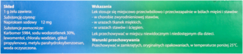 Tekst informacyjny o leku OTC na bóle mięśni i stawów, zawierający skład i zastosowanie, na gradientowym tle.
