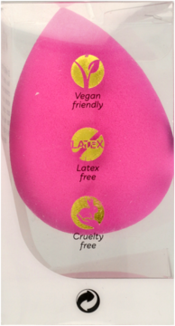 Różowa, bezlateksowa gąbeczka do makijażu w opakowaniu, z widocznymi etykietami Vegan, Latex free i Cruelty free.