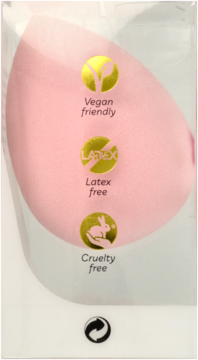 Różowa bezlateksowa gąbeczka 3D do makijażu, w przezroczystym opakowaniu z ikonami: vegan, bez lateksu, cruelty-free.