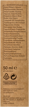 Tył brązowego opakowania kremu Ziaja z listą składników, objętością 50 ml i symbolami recyklingu.