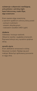 Tekst o wegańskim kremie z algą oceaniczną na brązowym tle. Nawilża, chroni przed zanieczyszczeniami i światłem HEV.