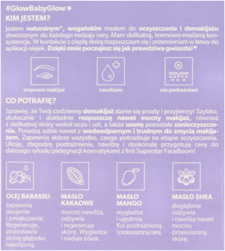 GlowBabyGlow: informacyjny panel produktu, masło do demakijażu na lawendowym tle z ikonami i opisem składników.