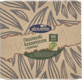 Alouette chusteczki kosmetyczne 3-warstwowe, 60 sztuk, w ekologicznym beżowym opakowaniu z liśćmi, widok z przodu.