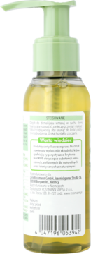 Tył Alterra Olejek oczyszczający z algą BIO. Przeźroczysta butelka, zielona pompka, biała etykieta z kodem.