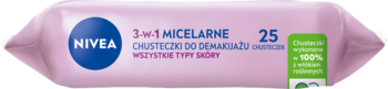 Różowe opakowanie NIVEA 3-w-1 Micelarne chusteczki do demakijażu, 25 sztuk, z włókien roślinnych, widok z przodu.