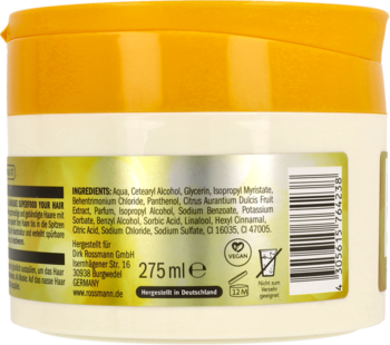 Tył maski ISANA Superfood for your Hair Orange 275ml do włosów suchych, ze składem i ikonami.