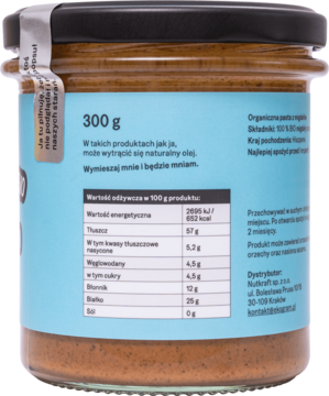 Ekologiczna pasta migdałowa 300g, tył szklanego słoika z błękitną etykietą, widoczne informacje odżywcze i pochodzenie surowca.