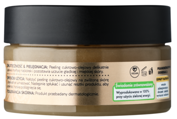 Tył ciemnozłotego słoiczka Isana Moments of Marula peeling cukrowo-olejowy, z czarną nakrętką i opisem wegańskiej formuły.