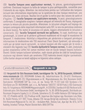Zbliżenie na tył opakowania tamponów facelle Normal z aplikatorem, 16 sztuk, z wielojęzycznym tekstem i etykietą 'Made in EU'.