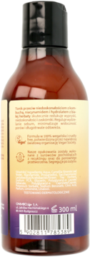Tył brązowej butelki toniku do cery z kombuchą, niacynamidem i białą herbatą, etykieta 300 ml.