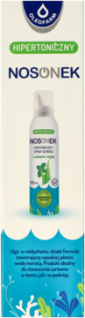 Opakowanie hipertonicznego sprayu do nosa Nosonek Oleofarm 120 ml z aloesem i miętą, widok z przodu.