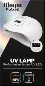 Biała lampa UV LED Bloom Nails 48W z cyfrowym wyświetlaczem, widok z przodu. Profesjonalna do paznokci.