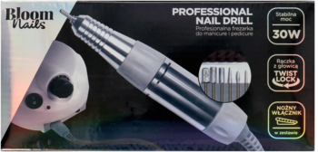 Pudełko frezarki Bloom Nails Professional Nail Drill 30W, z widokiem na rękojeść i końcówki.